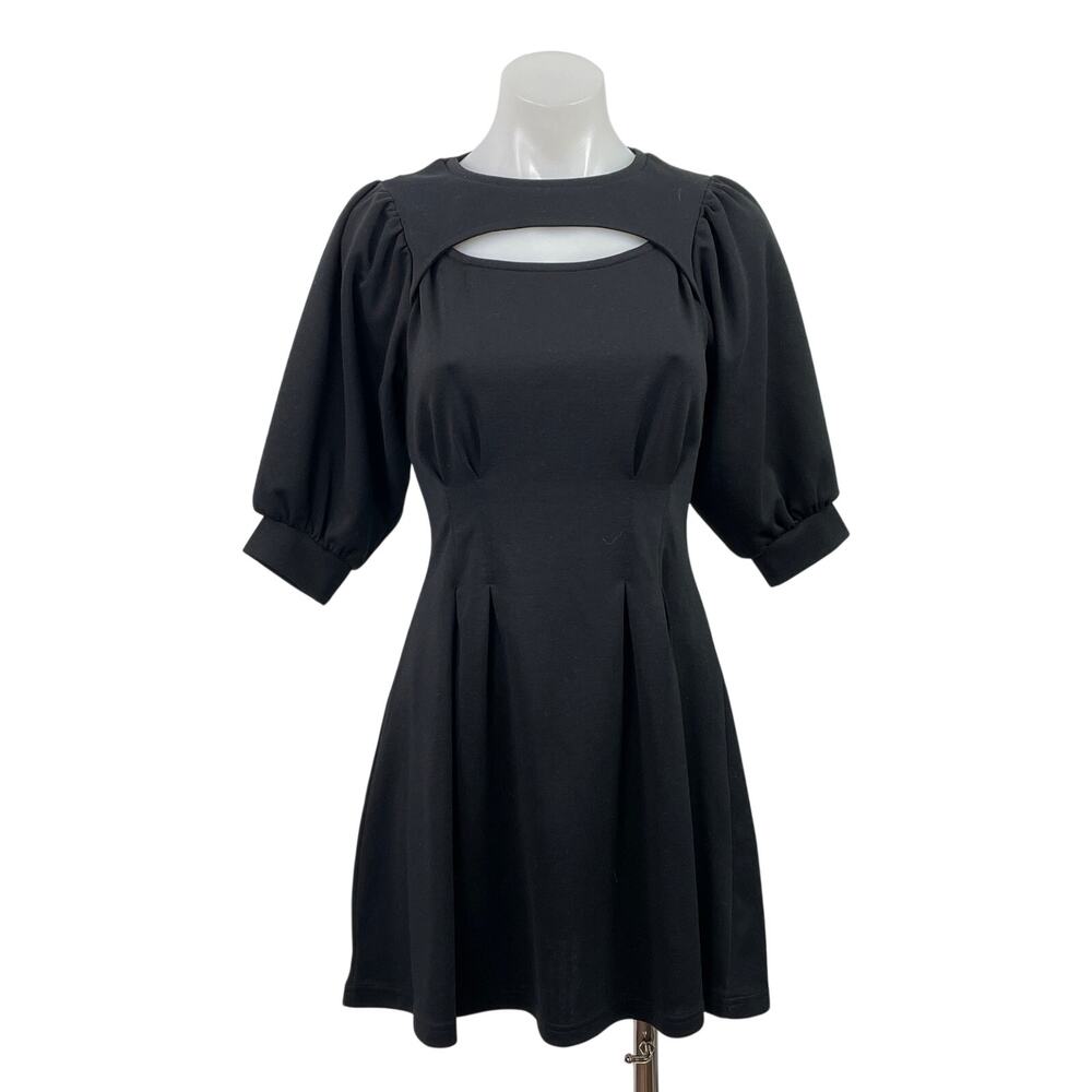 SLY Women's Black Half Puff Sleeve Cut Out Pleated Mini Flared A-line Dress Sz 1